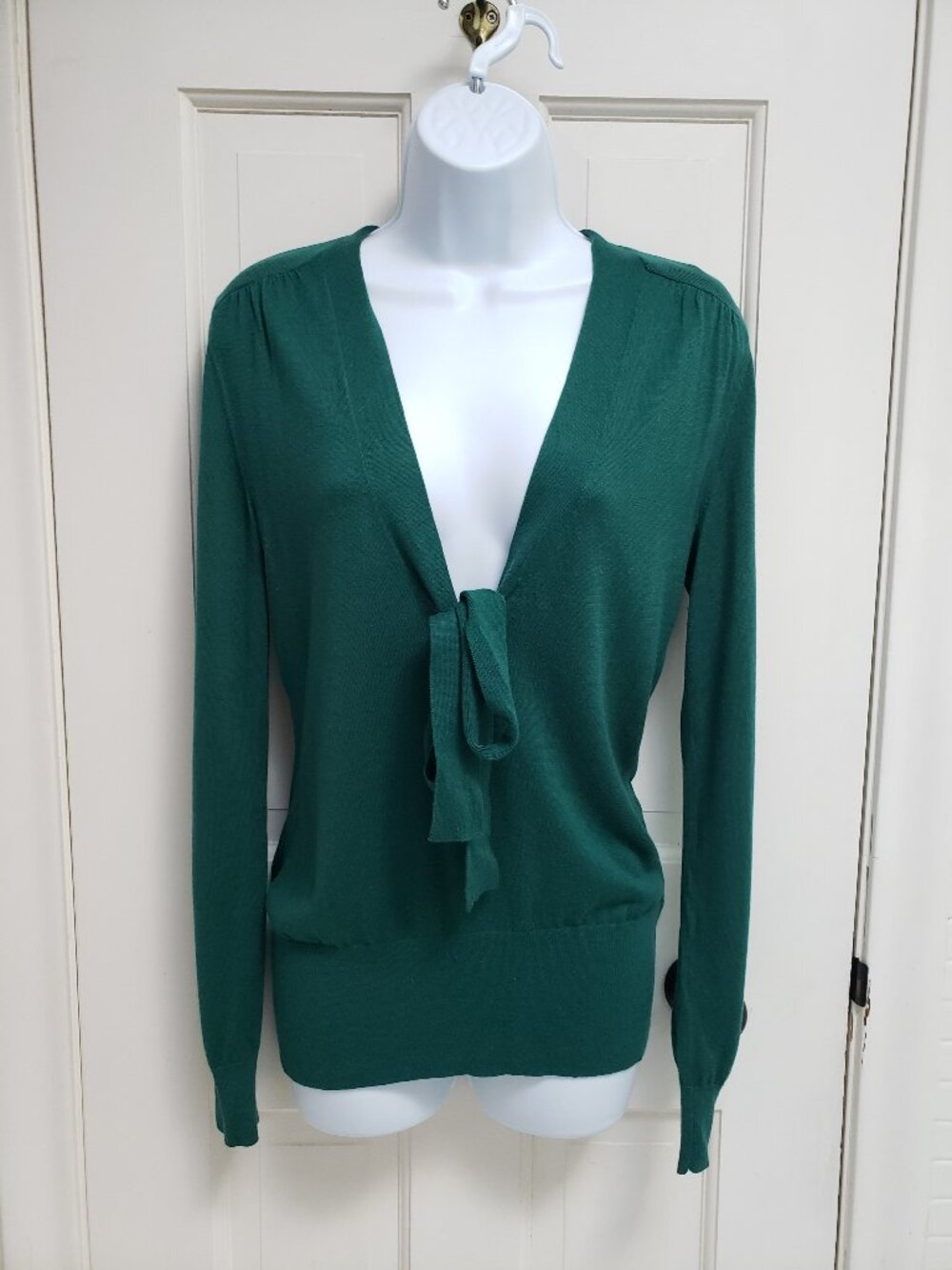 Banana Republic Forest Green Silk Cashmere Blend Sweater Small Deep V Tie Neck